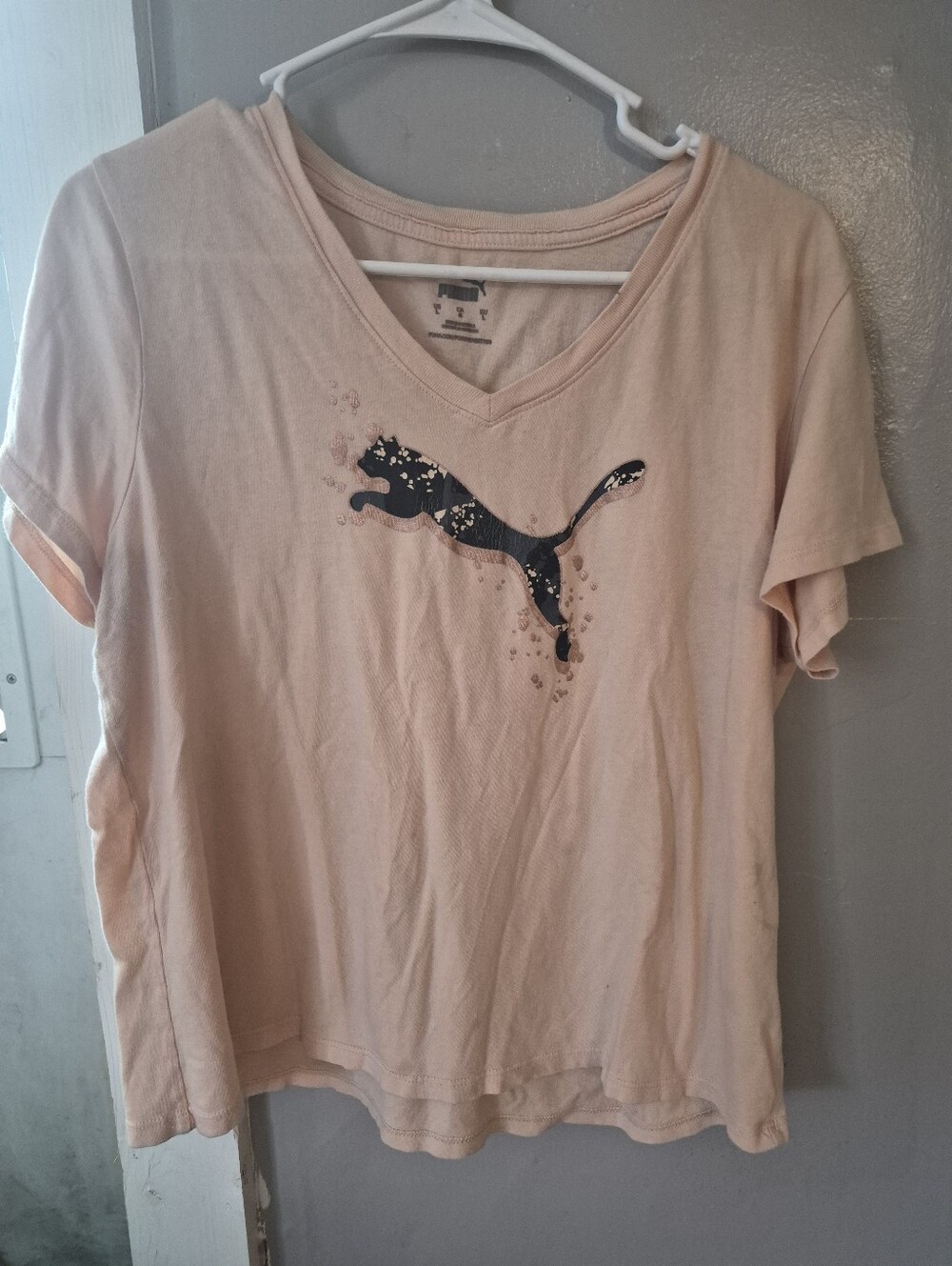 Puma Women's Peach Short Sleeve V-Neck Tee with Black Logo